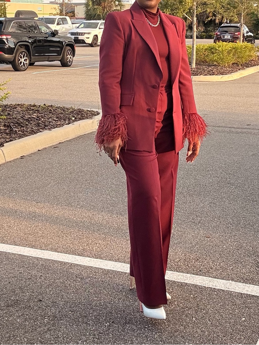 Zara Women's Burgundy Feather-Cuff Tailored Pantsuit Set